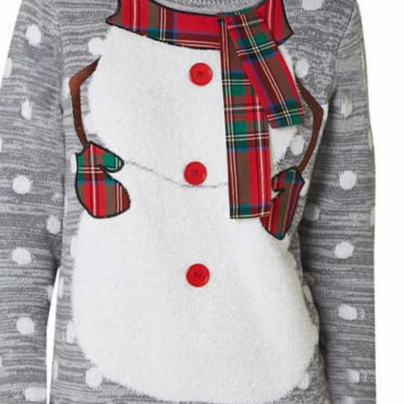 NWT To Be Jolly Holiday Ugly Sweater Gray Feather Snowman Body Real Plaid Scarf - Picture 4 of 11